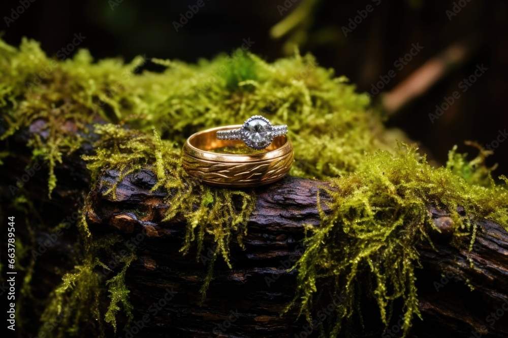 two gold wedding rings nestled in a moss-covered tree stump