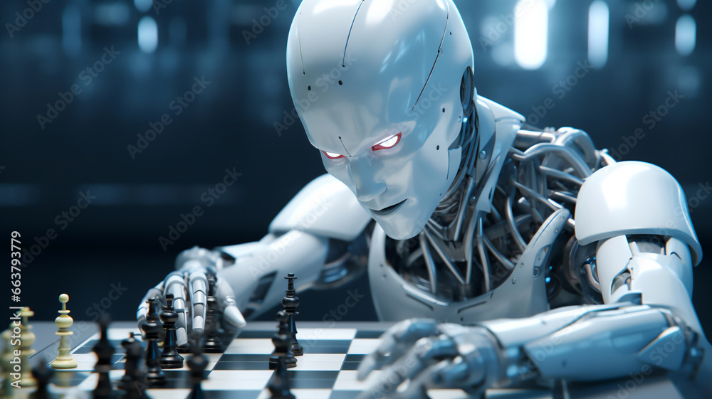 Android robot chess master combines advanced machine learning and programming software to beat an opponent on a chess board, and unity, computer Generative AI stock illustration