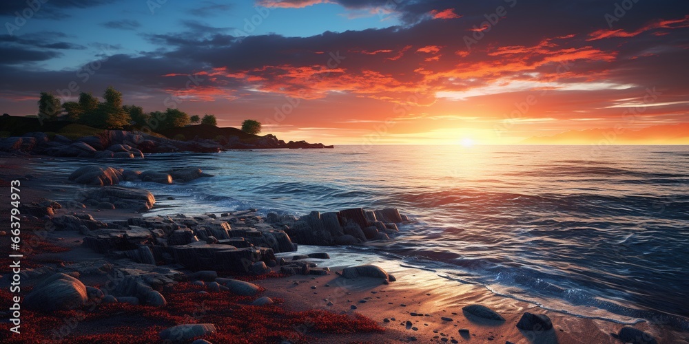 A pebble beach at sunset with the ocean in the background.