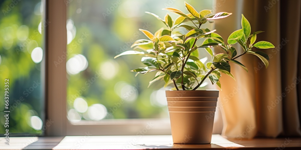 A potted plant sitting on a windowsill in front of a window.