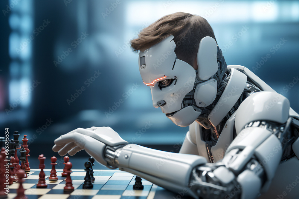 Android, robot, chess, master, artificial intelligence, chess player, checkmate, robotic, opponent, algorithm, strategy, electronic, automation, illustration, Generative AI, Generative, AI,  programmi