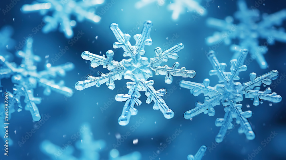 Close up of a glossy snowflake, macro photo of snow crystals on blue background. Generative AI