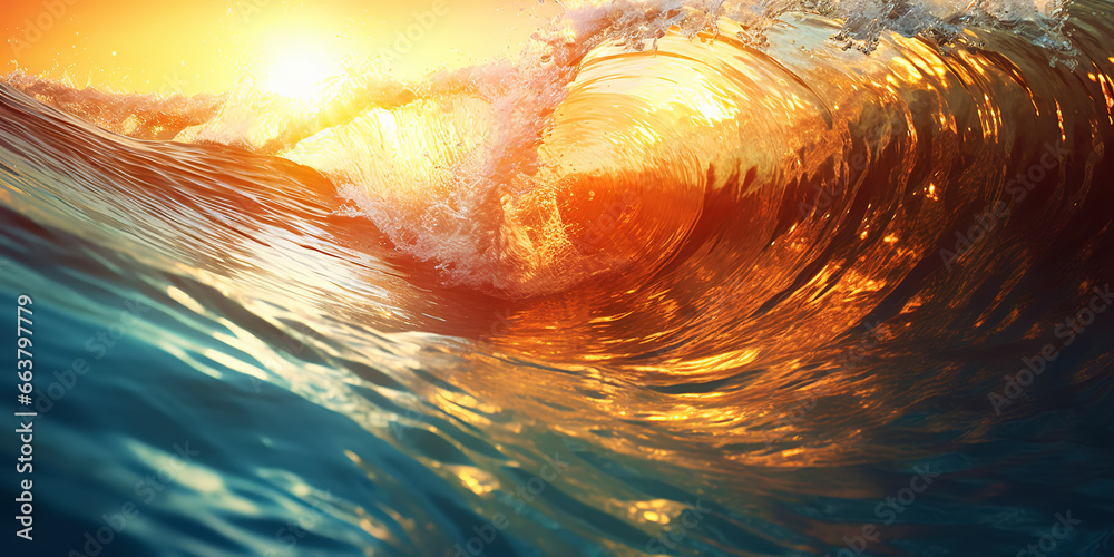 Closeup of the ocean wave. The sea in the light of summer sunset. Travel, vacation concept. Generative AI