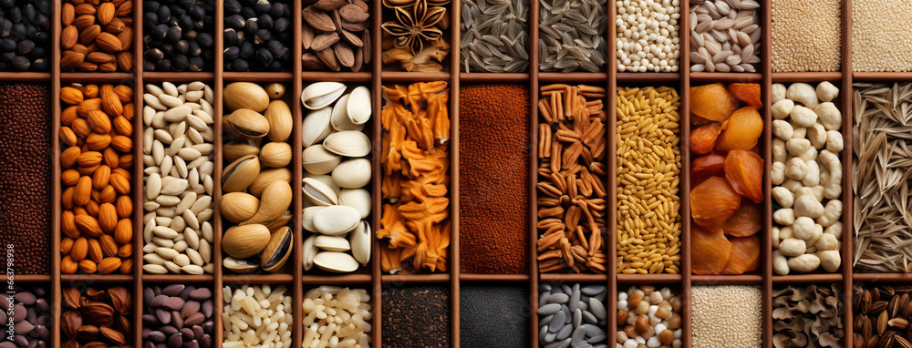 Collection of different aromatic spices, seeds and herbs in a wooden boxes, panoramic view from above. Generative AI