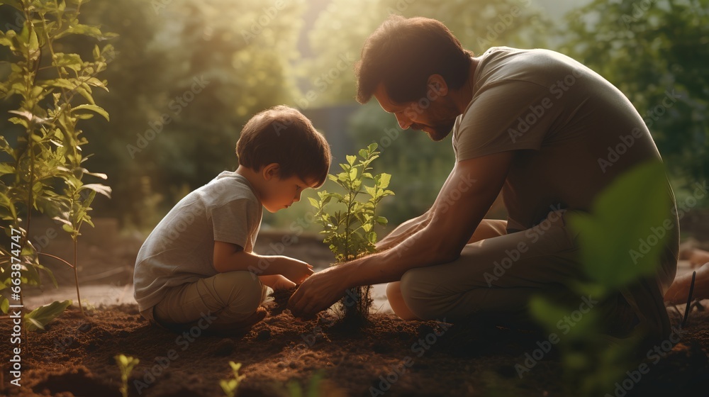 Father and son planting young sprout together, teaching importance of green, sustainable future and the role of trees in ecological balance. Nature conservation and sustainability for next generation.