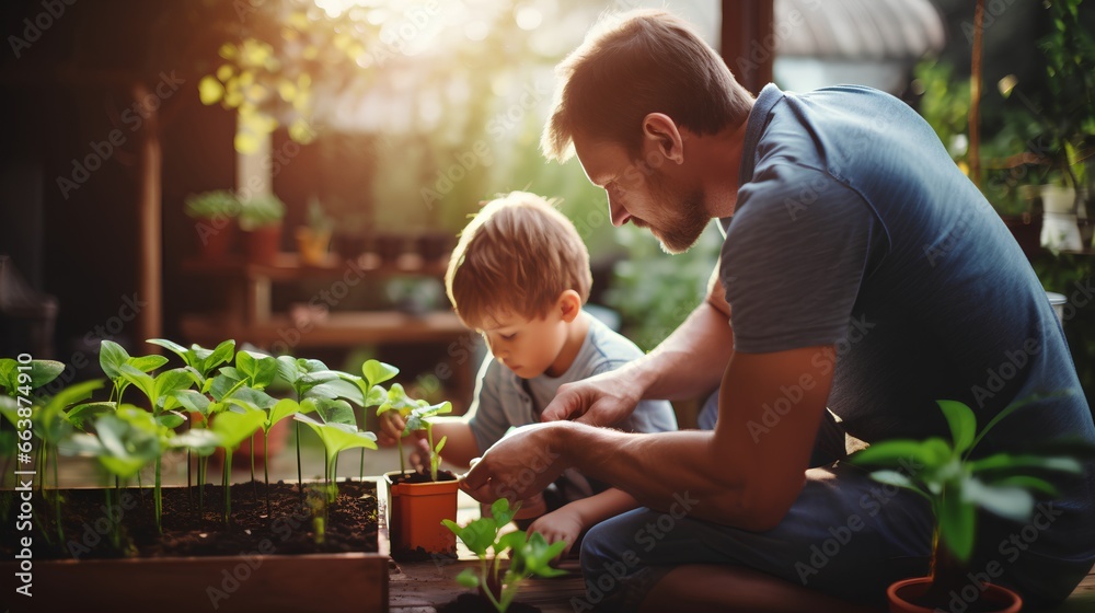 Father and son planting young sprout together, teaching importance of green, sustainable future and the role of trees in ecological balance. Nature conservation and sustainability for next generation.