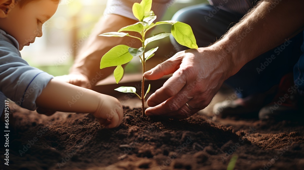 Grandfather and son planting young sprout together, teaching of green, sustainable future and the role of trees in ecological balance. Nature conservation and sustainability for next generation.