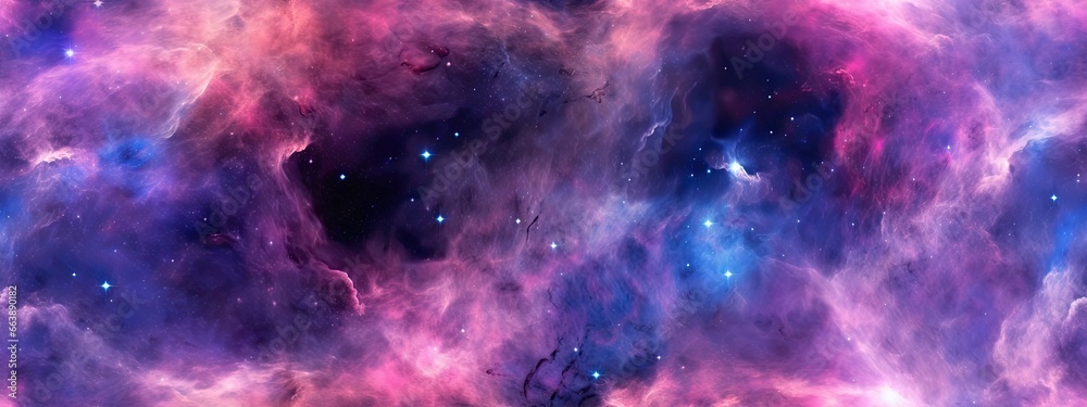 Seamless space texture background. Stars in the night sky with purple pink and blue nebula. A high resolution astrology or astronomy backdrop pattern