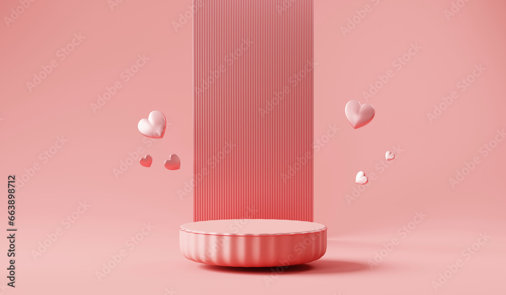 Valentines day pink stage podium pedestal mock up with heart product display showcase 3d rendering