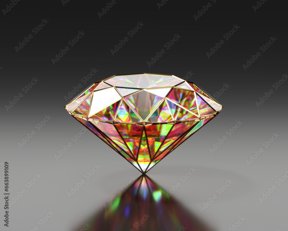 Abstract colorful brilliant diamond gem placed on glossy black background 3d rendering