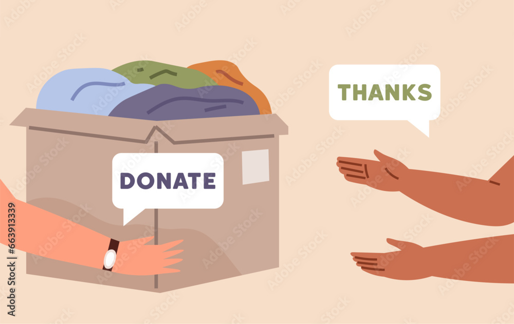 Clothes donation. Vector illustration. Clothes donations make valuable contribution to charitable organizations Donating clothes is gift support to less fortunate The clothes donation concept