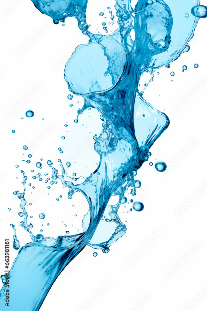 Blue liquid splashing into the water on white background.