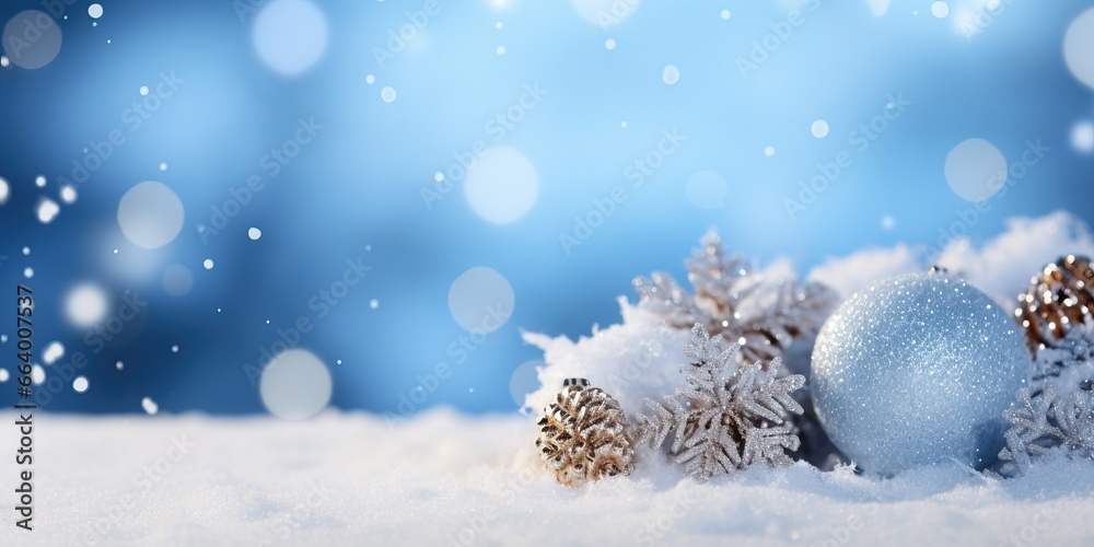 Christmas background with snow and christmas balls on bokeh background