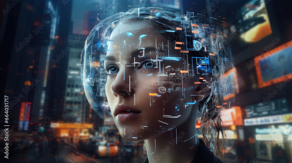 Potential of artificial intelligence in a futuristic setting, featuring sophisticated AI interfaces and human interaction. Innovative technologies