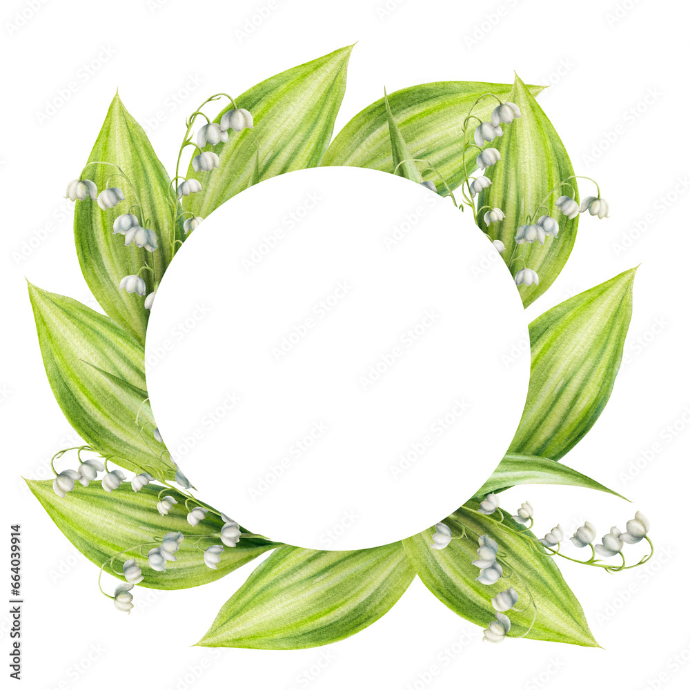 Watercolor frame and logo with bouquets of lilies of the valley flowers isolated on white background. Spring hand painted illustration. For designers, wedding, decoration, postcards, wrappin