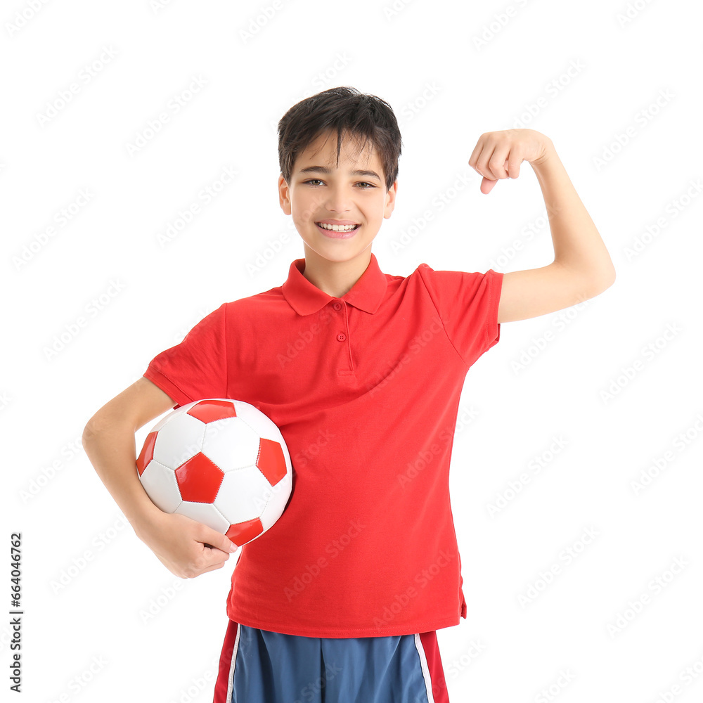 Little boy with soccer ball on white background