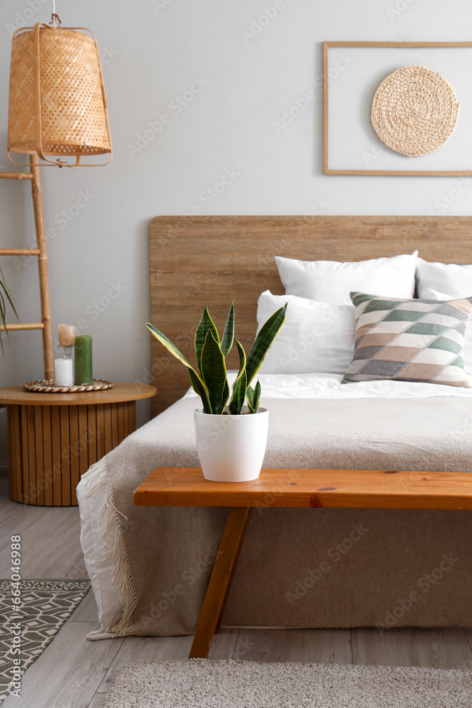 Interior of light bedroom with cozy bed and wooden bedside bench