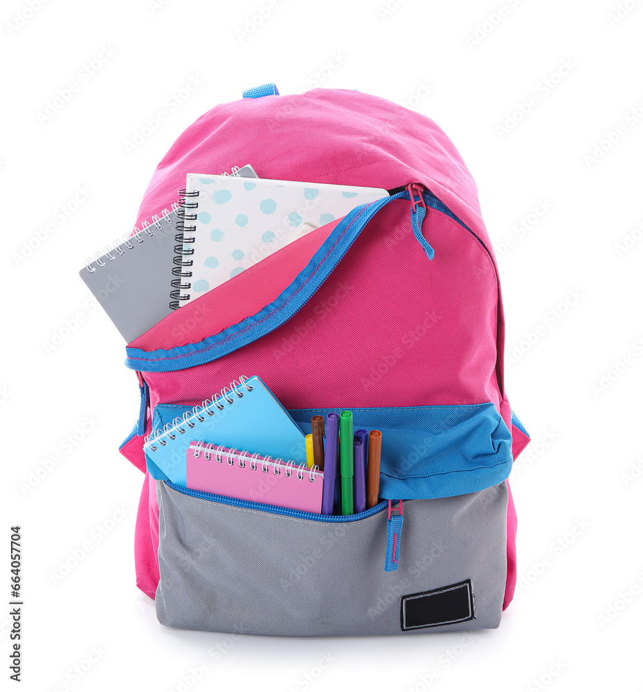 Colorful school backpack with stationery isolated on white background