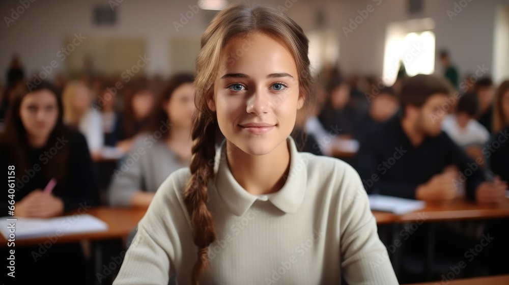 Female student is recording a lecture in classroom by a school teacher.