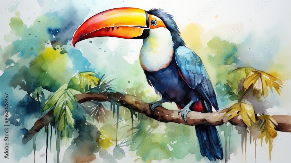  a painting of a toucan sitting on a branch.  generative ai