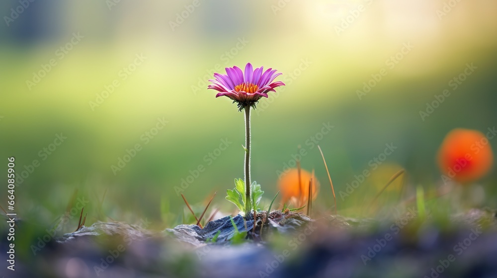  a single purple flower sitting on top of a grass covered field.  generative ai