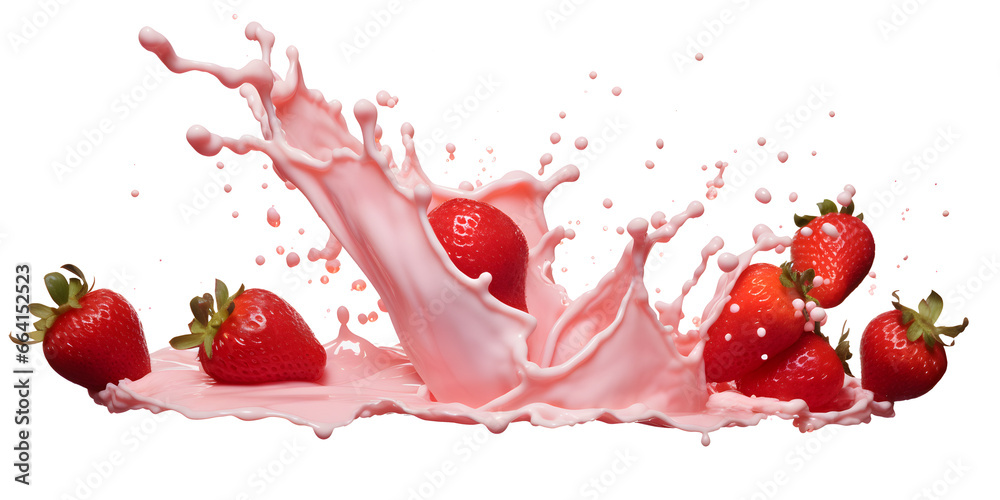 pink milk splash with strawberries isolated on transparent background - healthy, drink, lifestyle, diet design element PBG cutout