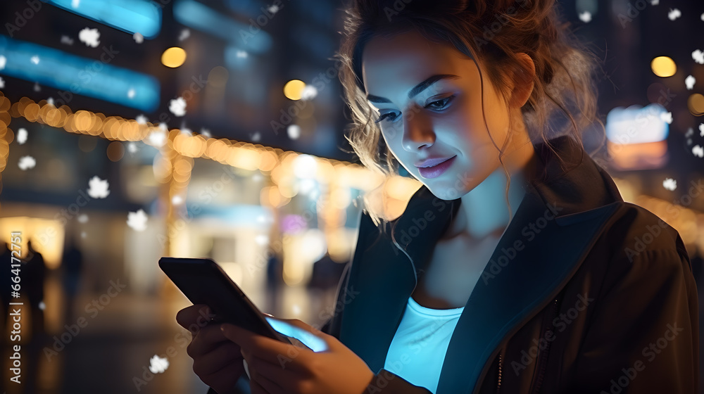 Night city scene, woman using mobile app on the phone under neon lights of street