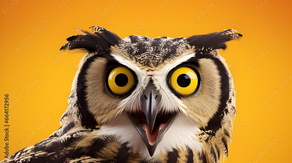 funny owl, surprised owl, isolated on orange background