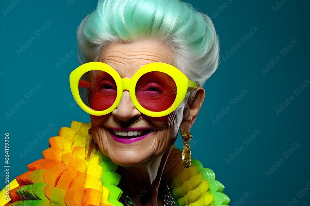 Happy senior woman in colorful neon outfit, funny sunglasses and extravagant style, laughing and smiling, 