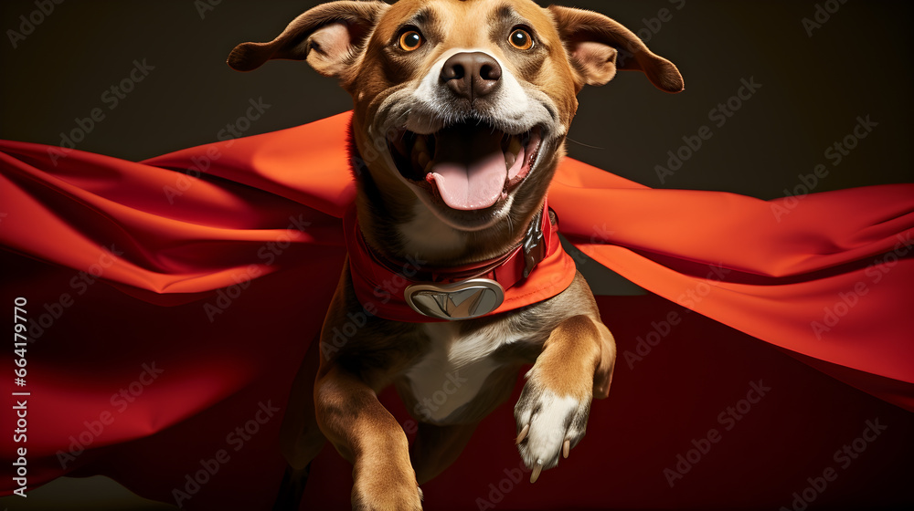 superhero dog wearing red cape, jumping like a super hero