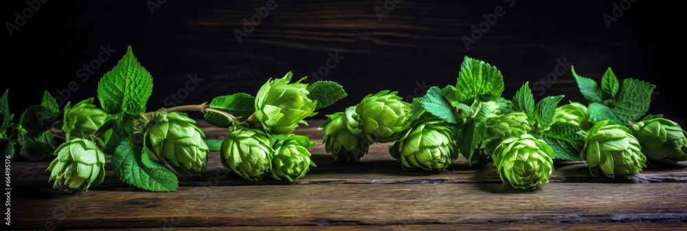 Fresh cones of green hops on the wooden background.