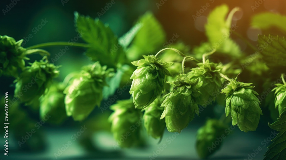 Green fresh hop cones for making beer, bokeh background