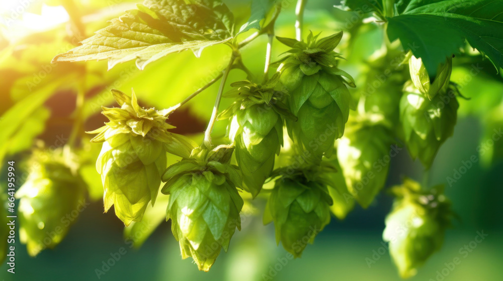 Green hop cones in the hops farm ripe for the harvesting in farm.