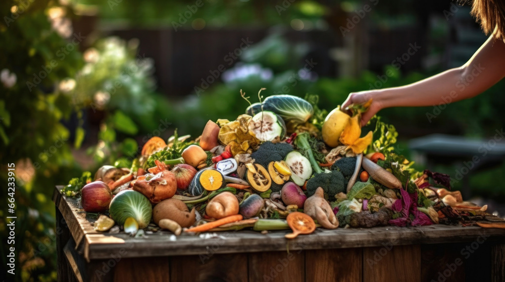 A woman composting food waste. Outdoor compost bin for reducing kitchen waste. Environmentally responsible, ecology.