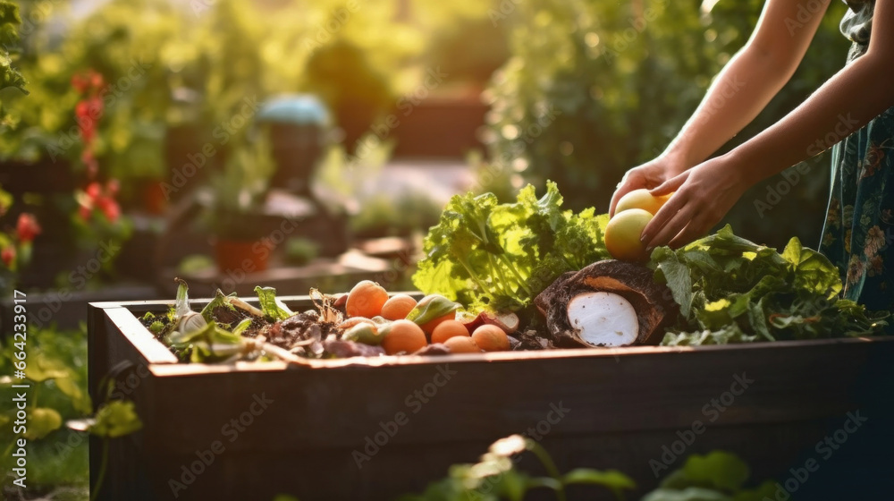 A woman composting food waste. Outdoor compost bin for reducing kitchen waste. Environmentally responsible, ecology.