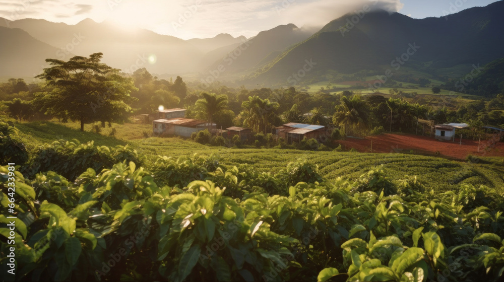 Coffee plantations at South america with mountains.