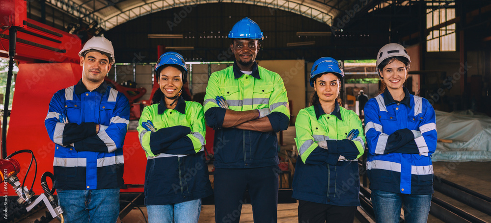 A diverse group of engineers and workers wearing life jackets and helmets join hands together as a working team in an industrial plant and machining.