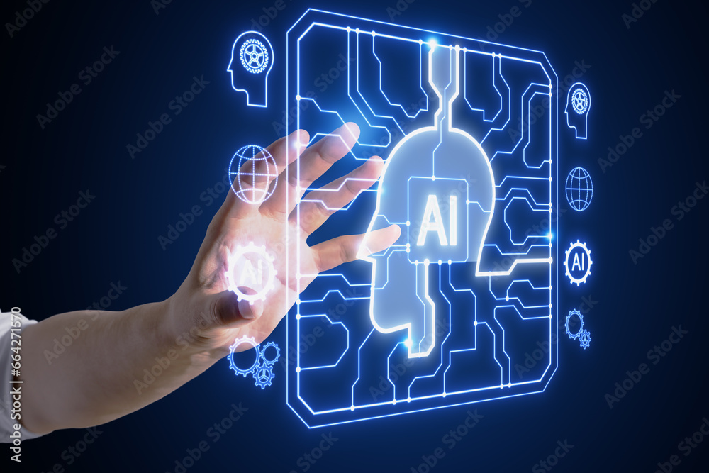 Close up of businessman hand using creative AI head outline hologram with circuit on blurry blue background.