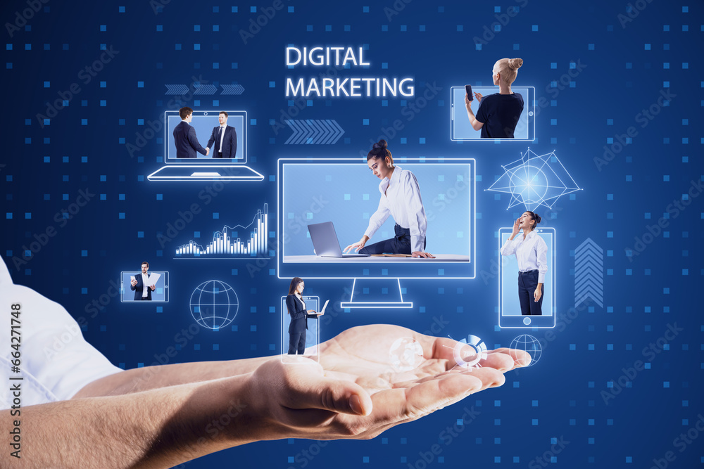 Close up of businessman hands holding creative blue devices hologram with tiny european businesspeople on blurry background. Digital marketing, social network and online service concept.