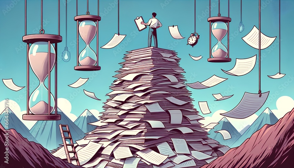 The concept of overemployment, featuring a weary worker standing atop a mountain of paperwork, tasks, and responsibilities. The overwhelming workload and the pressure of deadlines.