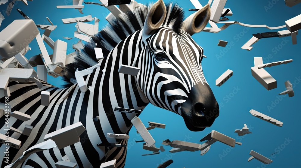  a zebra is surrounded by a bunch of broken pieces of furniture.  generative ai