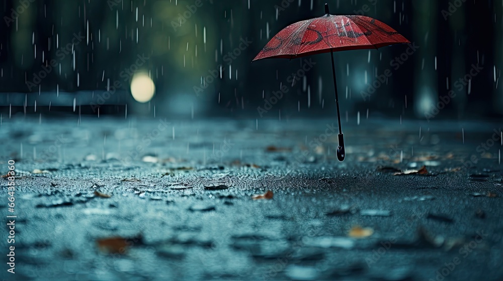  a red umbrella sitting in the middle of a street in the rain.  generative ai