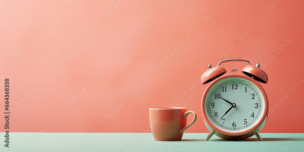 Vintage alarm clock and cup of coffee on the uniform pastel backdrop with a copy space. Generative AI