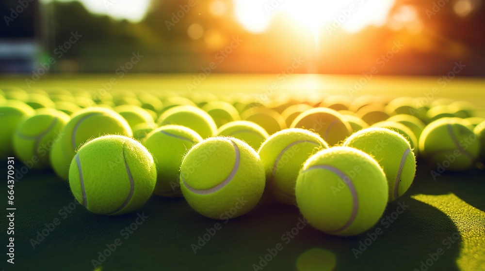 Closeup of a plenty of tennis balls on an empty tennis court, the sunshine. Sports lifestyle concept. Generative AI