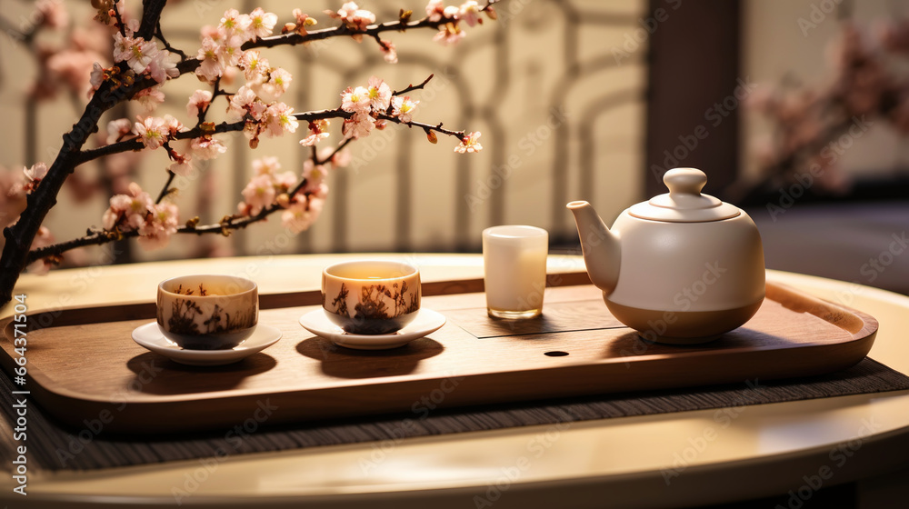 Tea ceremony, traditional teapot and ceramic cups on wooden tray on light background with sakura blossoms. Generative AI