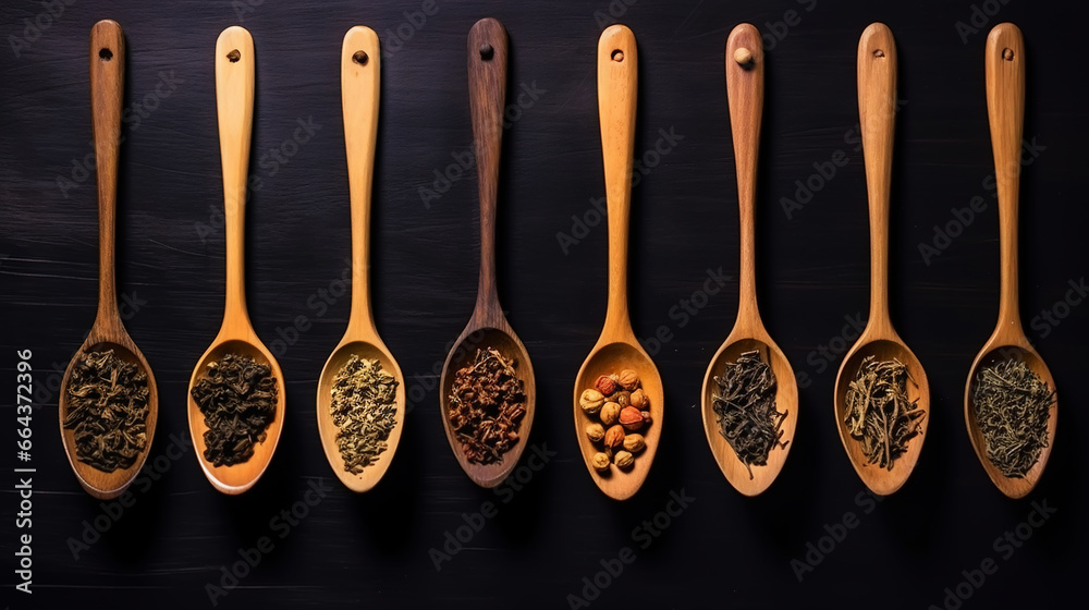 Different types of tea and herbs in vintage wood spoons, top view on dark background. Copy space. Generative AI