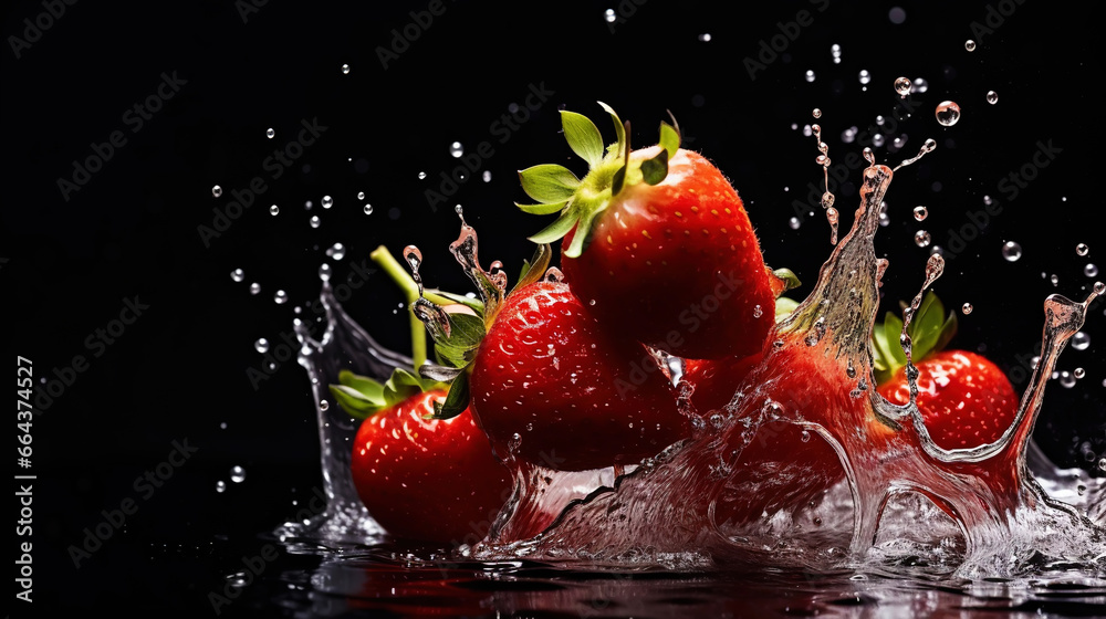 Fresh strawberry with water splashes on dark background. Generative AI