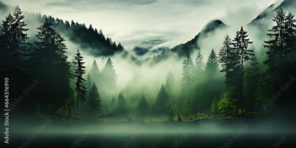 Misty mountain landscape with fir forest and river in vintage retro style. Generative AI