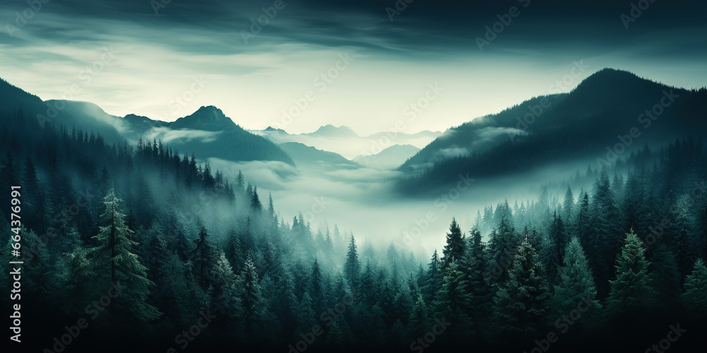 Misty mountain landscape with fir forest in vintage retro style. Generative AI