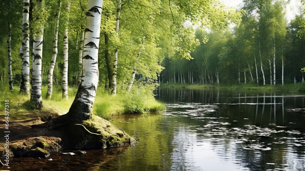  a river running through a forest filled with lots of trees.  generative ai